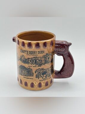 Vintage Knotts Berry Farm Gun Pistol Handle Ceramic Mug Brown Crazing 10 oz